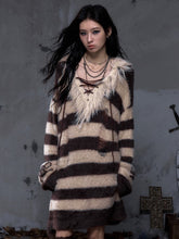 Vintage Punk Brown & Yellow Striped Distressed Long Sweater with Crisscross Lacing & Faux Mink Collar