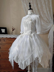 White Shiro Gothic Lolita Irregular Spider Web Hem Dress + Short Sleeves Top