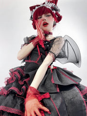 Plus Size Friendly Black and Red Corset Princess Prom Dress Tiered Lace Puffy Skirt Short Version