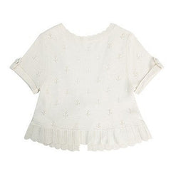 Beige Short-sleeved Perforated Knitted Lolita Cardigan with Scalloped Edge Trim