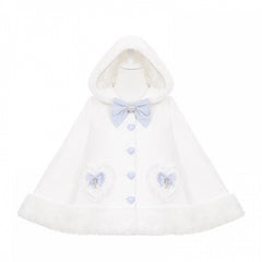 Jirai Kei Plush Trimmed Hooded Cape with Sweetheart Applique & Bow Accents in White & Blue / Black & Pink