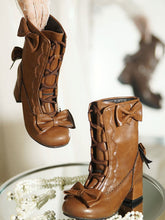 Mid-calf Brown Sweet Lolita Boots with Scalloped Trim & Crisscross Lacing