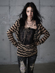 Black & Brown Striped Deconstructed Knit Top & Wing Print Bustier Set