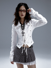 White Shirt With Cut-Out Buckles & Lace-Up Bow