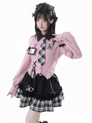 Idol Core Fashion Top: Bittersweet Pink Open Shoulder Shirt with Punk Star Buckles, Lace-Up Hem & Black Plaid Tie
