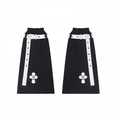 Punk Harajuku Style Black Leg Warmers: Cross Detail & White Leather Straps