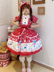 Lamb and Bear Print Red Short Sleeves Sweet Lolita Peter Pan Collar Dress