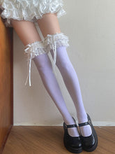 White/Black/Gray/Apricot Bowknot Details Lace Ruffled Trims Overknee Stockings