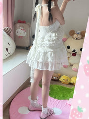 White Soft & Innocent Mini Halter Dress with Empire Waist & Tiered Lace Trim