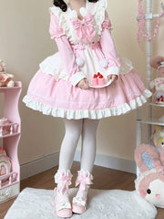 Bunny Ears Sailor Collar Pink Short Sleeves Maid Lolita Dress with White Apron