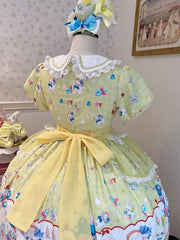 Lamb and Bunny Print Yellow Short Sleeves Sweet Lolita Peter Pan Collar Dress