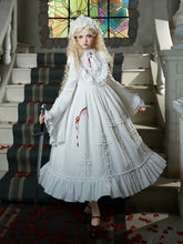 White Ruffled Neckline Gothic Lolita Dress with Blood Embroidery and Cross Shaped Ruffles Long Version