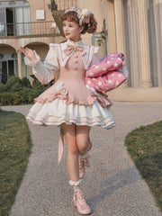 Sakura Pink Pointed Collar Pompoms Bowknot Long Sleeves One Piece Magic Girl Lolita Dress