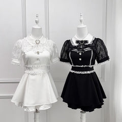 White Jirai Kei Set -Shirt Collar Sweetheart Rhinestone Decoration Lace Shawl Top + Shorts + Bowtie
