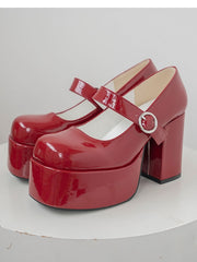 Wine Red Y2K Platform Mary Janes - High Block Heel with Circle Buckle Design