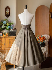 Vintage Olive Green Striped Skirt with Boned Waist and and Button Accents