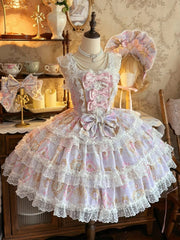 Purple Floral and Crystal Chandelier Print Lolita JSK with Bow Accents