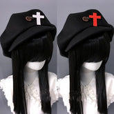 White/Red Cross Applique Gothic Beret Hat