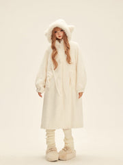White Mid-Length Cat Ear Hood Coat with Bow-Accented Pockets