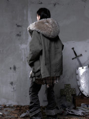 Heavy-Duty Dark Green Punk Fuzzy Hood Coat with Diagonal Straps & 3D Pockets