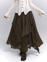 Millard Dark Coffee Wasteland Punk Elastic Waist Maxi Skirt with Floral Embroidery & Asymmetric Hem