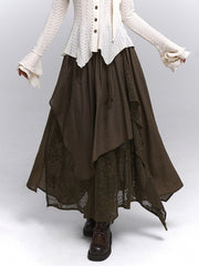 Millard Dark Coffee Wasteland Punk Elastic Waist Maxi Skirt with Floral Embroidery & Asymmetric Hem