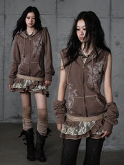 Wasteland Punk Khaki Y2K Tiered Hoodie Dress with Detachable Sleeves & Lace Trim