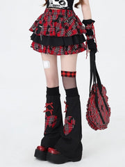 Punk Rock Chain Decorated Red and Black Plaid Tiered Skirt with Free Leg Sleeves