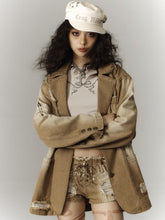 Vintage Khaki Punk Distressed Hole Longline Denim Blazer with 3D Pockets & Pins