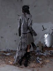 Vintage Street Punk Dark Gray-Brown Jacket with Cross Print & Asymmetrical Button Placket