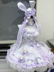 Purple Polka Dots Corset Waist Rabbit-Themed Ruffle Dress Sweet Lolita JSK / Full Set