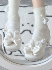 White Sweet Lolita Heart Charm Plush Bunny Ear Bow at Top Round Toe Shoes