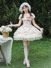 Rosette Print Elastic Square Neckline Short Version Classic Lolita OP Full Set