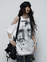White Punk Lace-Trimmed T-shirt with Black Denim Print & Shoulder Lace-Up Detail