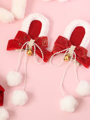 Sweet Lolita Plush Bunny Ear Velvet Bowknot Pom-Pom Hairclip