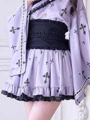 Purple Jirai Kei Skirt: High Waist Gothic Cross Print and Lace Details