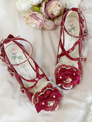 Wine Red Sweet Lolita High Block Heels in PU Leather - Crisscross Straps, Bow And Lace at Top & Rhinestone Heart Buckles