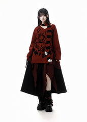 Red Striped Pattern Scarf with Panda Plushies