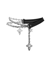 Plus Size Black Y2K Goth PU Belt with Silver Chains & Cross Charms
