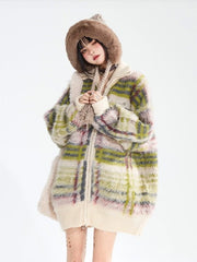 Vintage Green Striped Mohair Cardigan with High Neck & Zip Closure