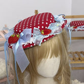 Red Strawberry Bow Lace Polka-dot Flat Hat