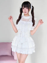 White Tiered Lace-Trimmed Skirt Jirai Kei Style Smocked Back Waist & Lace-up Corset Detail