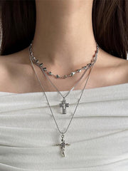 Y2K Silver Multi-Layered Necklace With Cross Pendants