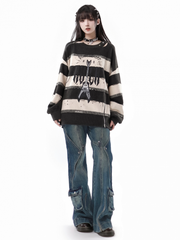 Zip Design Neckline and Hemline Gray and Creamy Striped Sweater