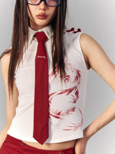 Vintage White Punk Sleeveless Crop Tank Top with Red Dragon Print & Detachable Shirt Collar