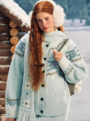 Light Blue Snowflake Knit Hooded Scarf with Fringe Tassel Edging