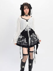 Y2K Black Cascading Ruffles Cami Top with White Coverup Set