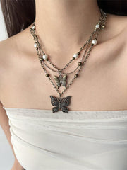 Y2K Multi-Layered Butterfly Pendant Beads Necklace
