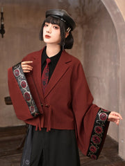 Red Cheongsam Crop Blazer with Golden Crow Print Wide Sleeves & Bead Buttons