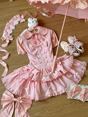 Pink Bow Accents Old School Lolita Sweet Dress Shimmer Polka Dots Fabric